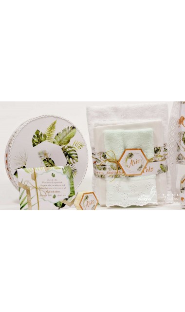 Trusou de botez cu animale gold din jungla si pattern frunze palmier Gold Jungle Tropical 22